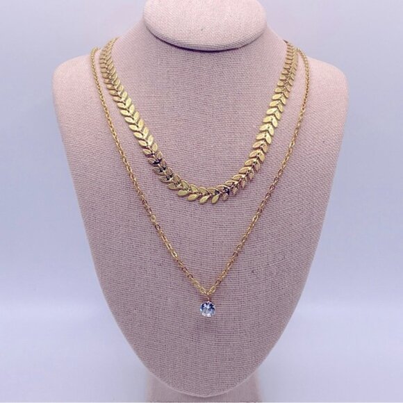 18k Gold Plated Double Leaf Chain Diamond Pendant Necklace - Picture 2 of 7